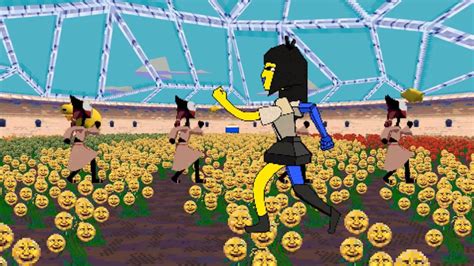 Ena character dancing in afield of smiling sunflowers